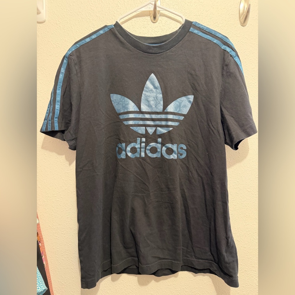Adidas Men's Black Tee with Blue Stripes